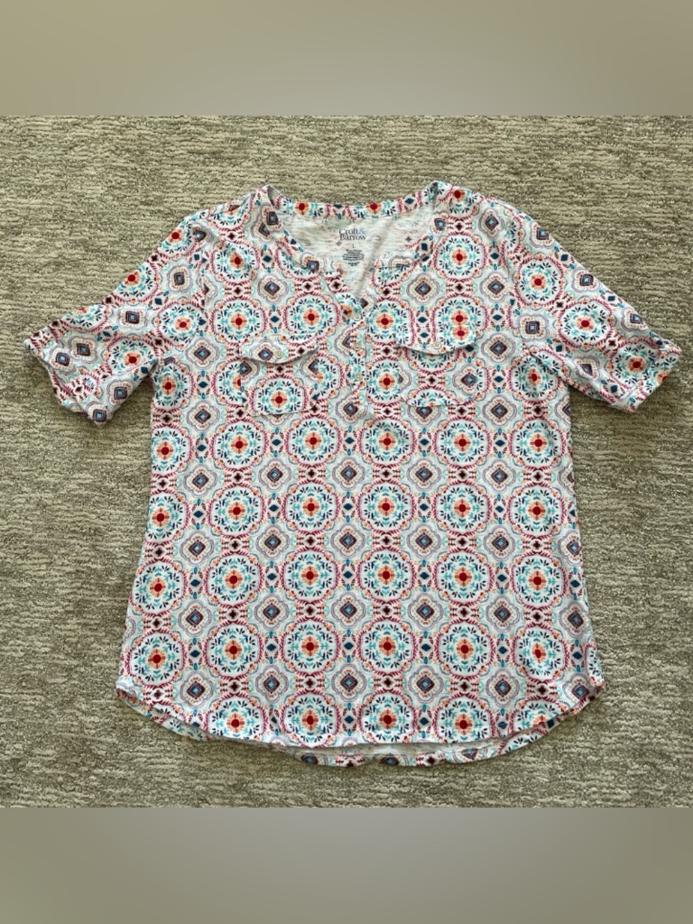 Craft & Barrow V Neck Women’s Size Large Suzani Style Top Pockets Boho All Over